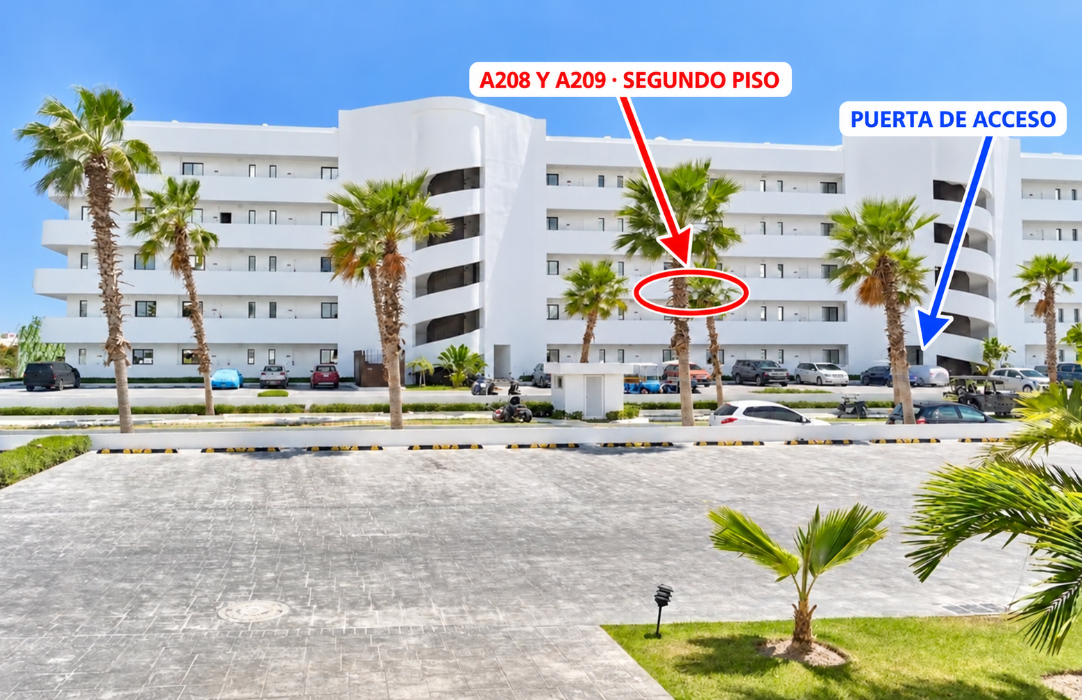Puerta de acceso señalada en azul y zona de A208 y A209 señalada en rojo